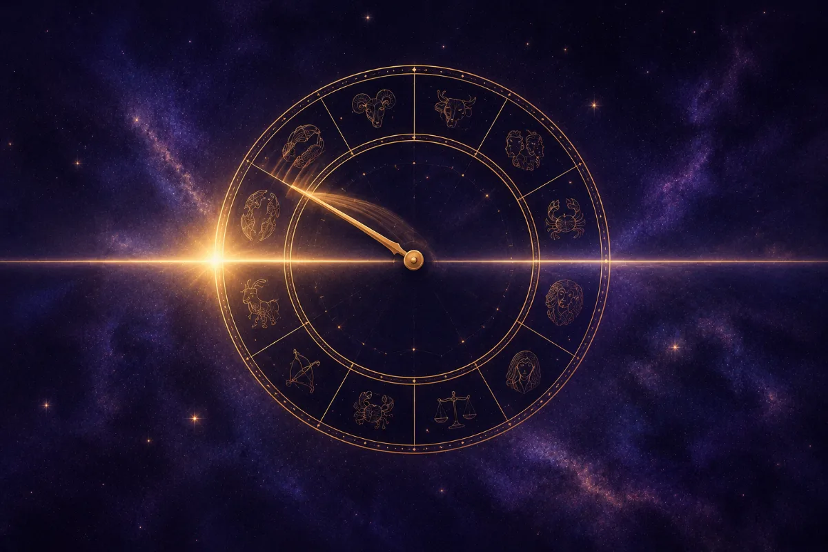 A zodiac wheel with a clock hand sweeping across it and a glowing rising point on the eastern horizon