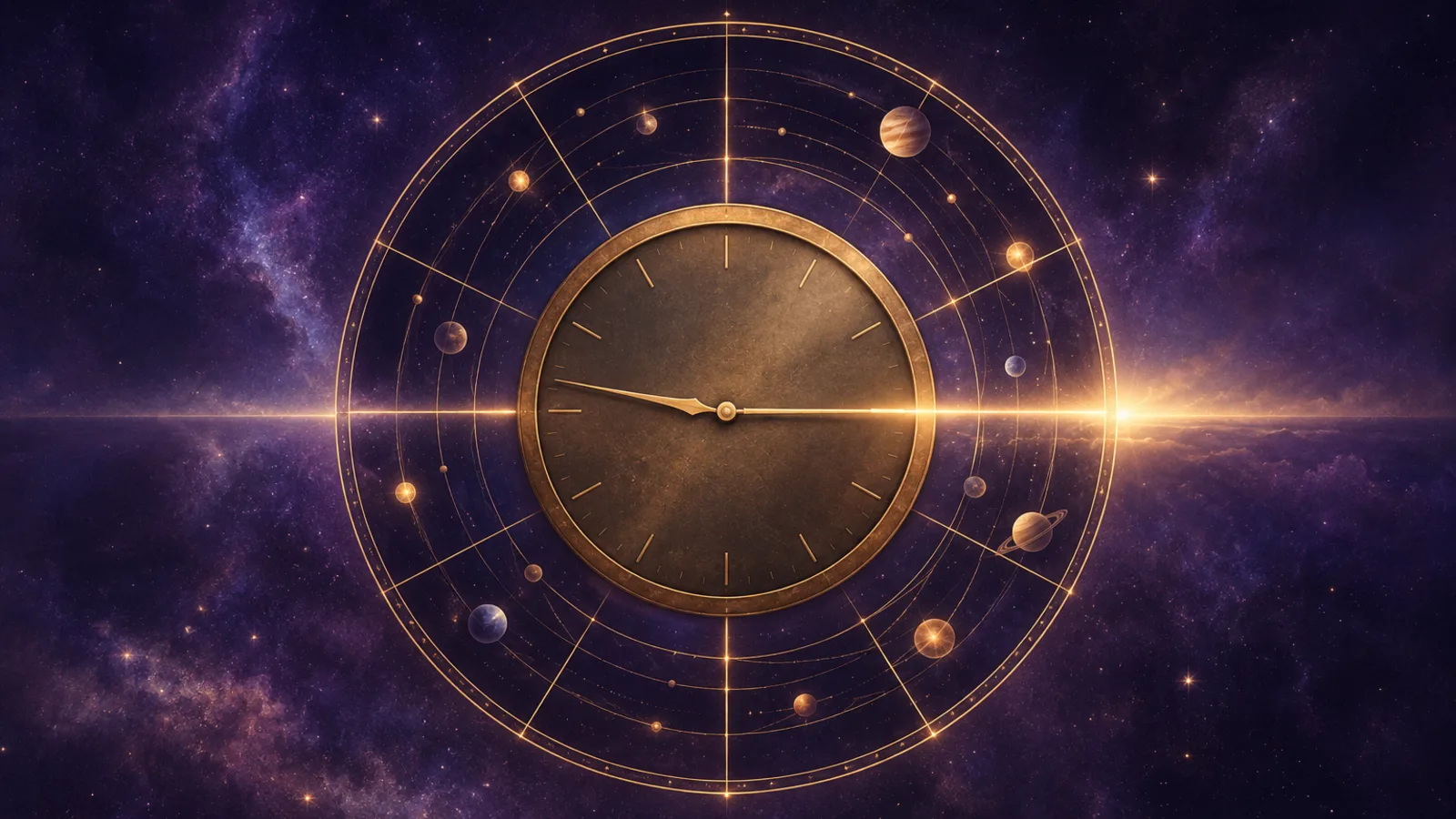 A brass clock at the centre of a golden birth chart wheel with planets and a glowing horizon line, against a purple night sky