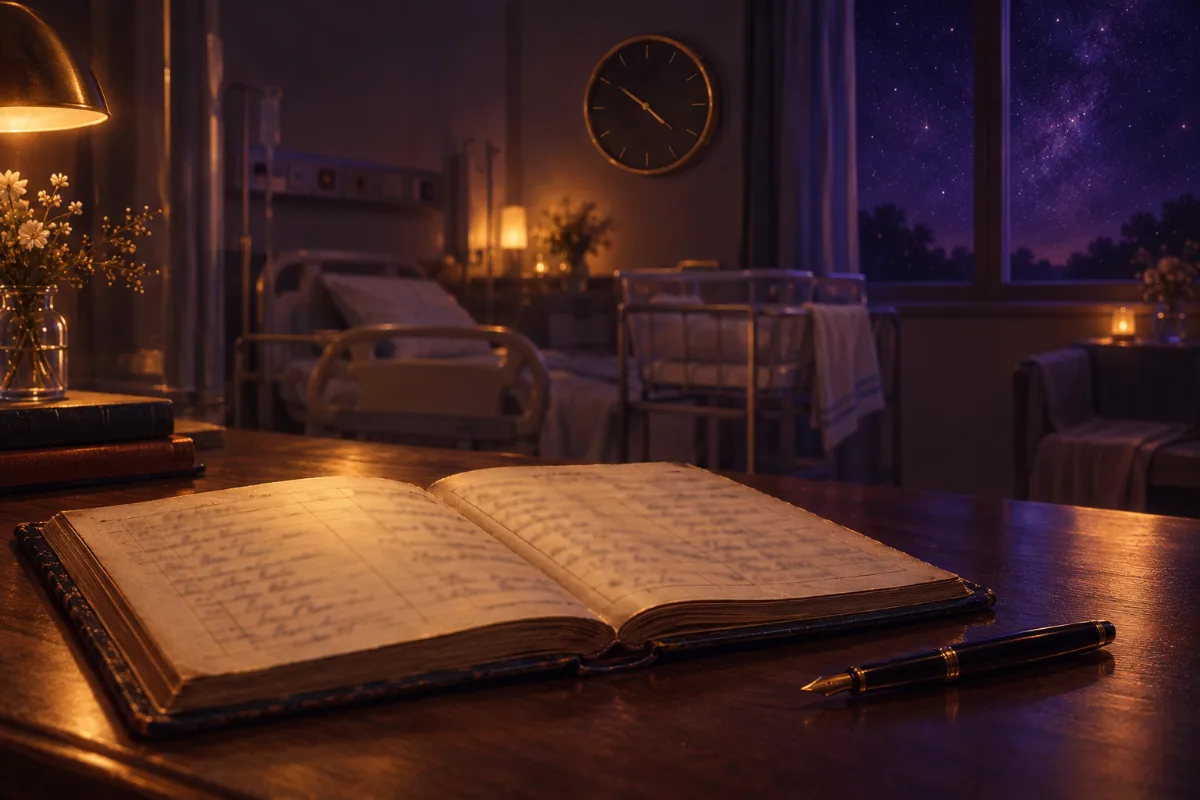An old hospital birth register and a wall clock in a quiet maternity ward at night