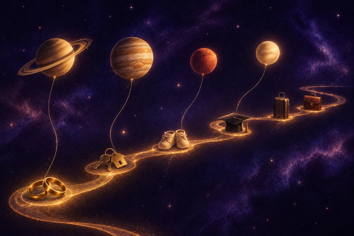Milestones of a life, rings, house keys, baby shoes and a graduation cap, linked to planets by golden threads