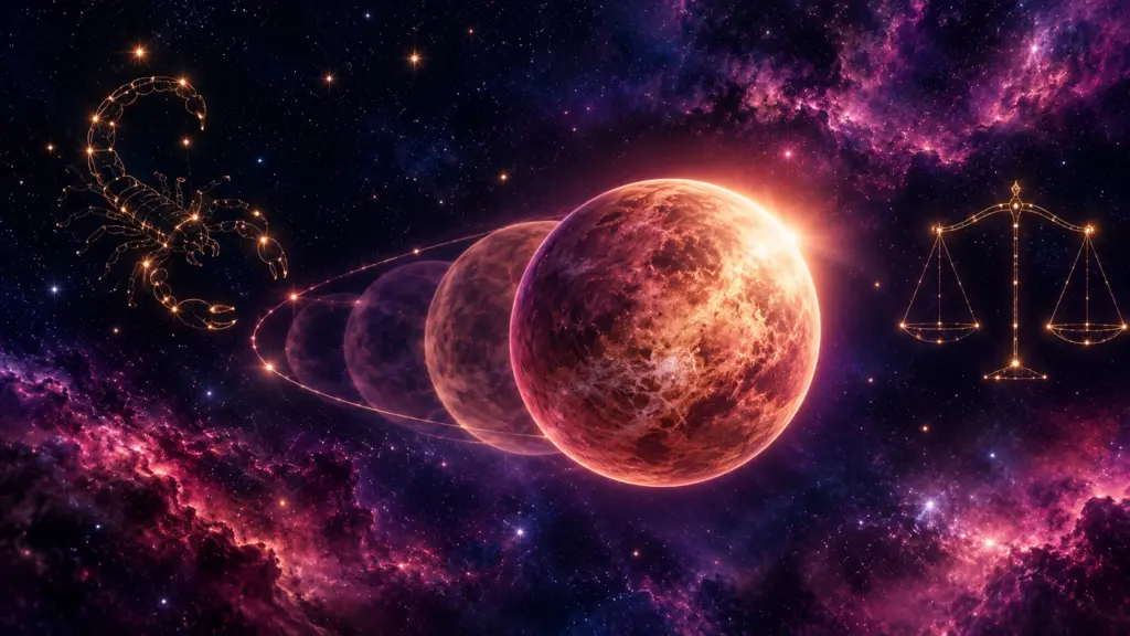 Retrograde Venus shown as fading echoes along its orbit, between the golden Scorpio scorpion and Libra scales