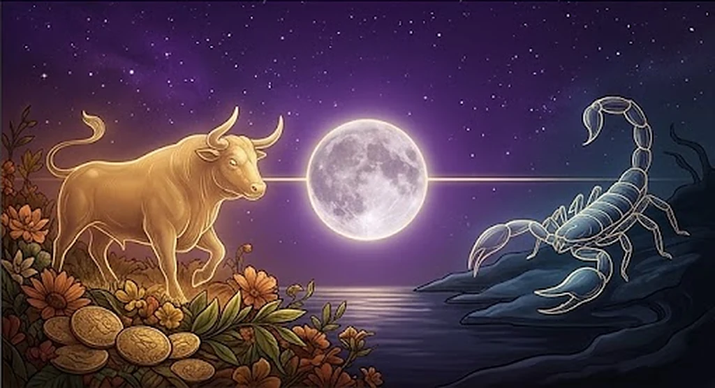 Golden Taurus bull and Scorpio scorpion facing each other across a glowing full Moon