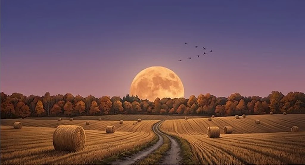 Large amber Hunter’s Moon rising over harvested autumn fields and hay bales at dusk